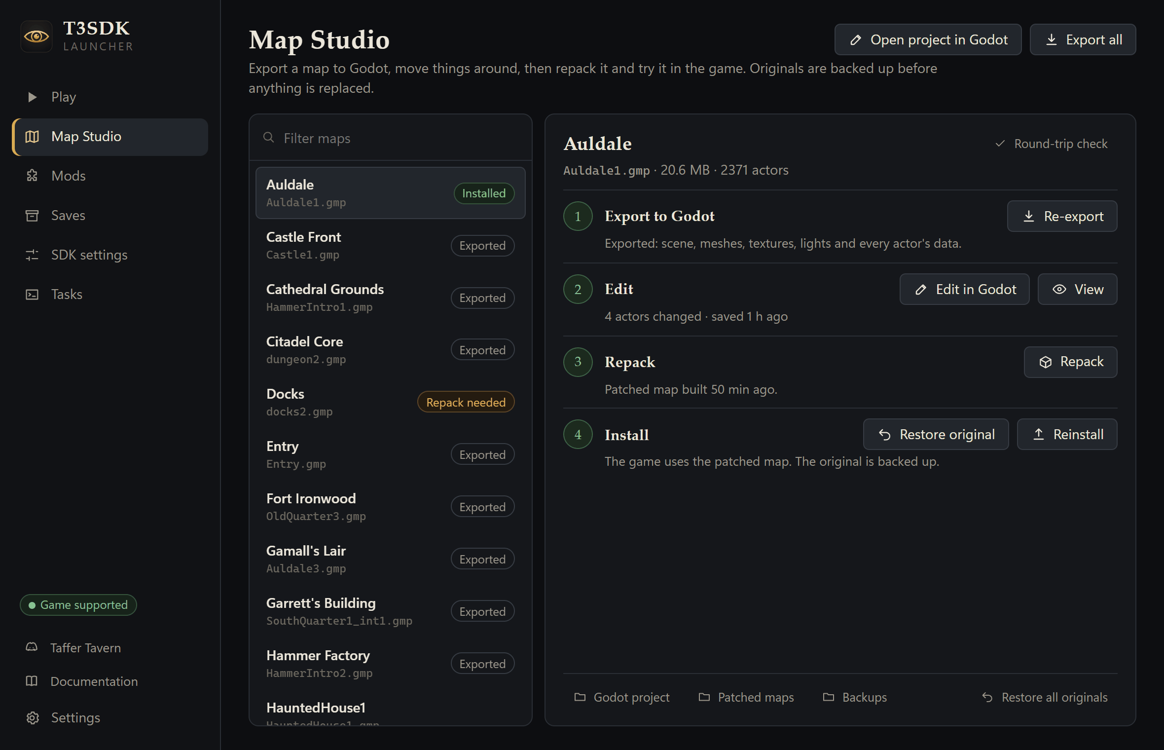 Map Studio: the game's maps, and the export, edit, repack and install steps for the selected one