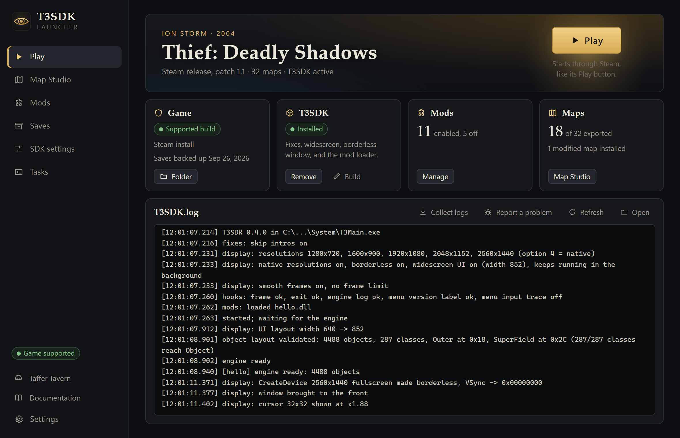 The launcher's Play page: the game's build check, T3SDK, mods, maps and T3SDK's log